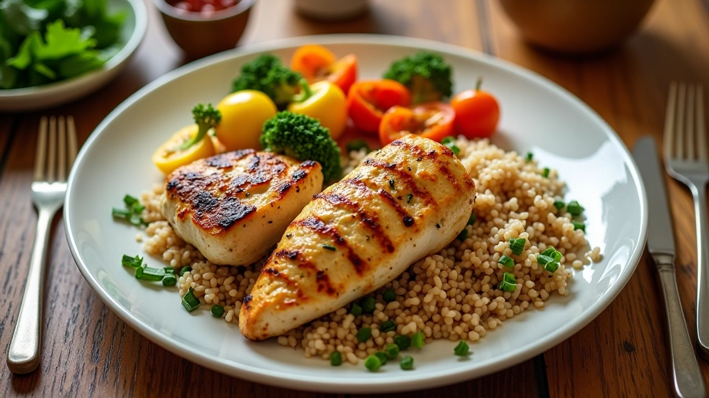 Colourful balanced plate with vegetables, proteins, and whole grains for senior nutrition