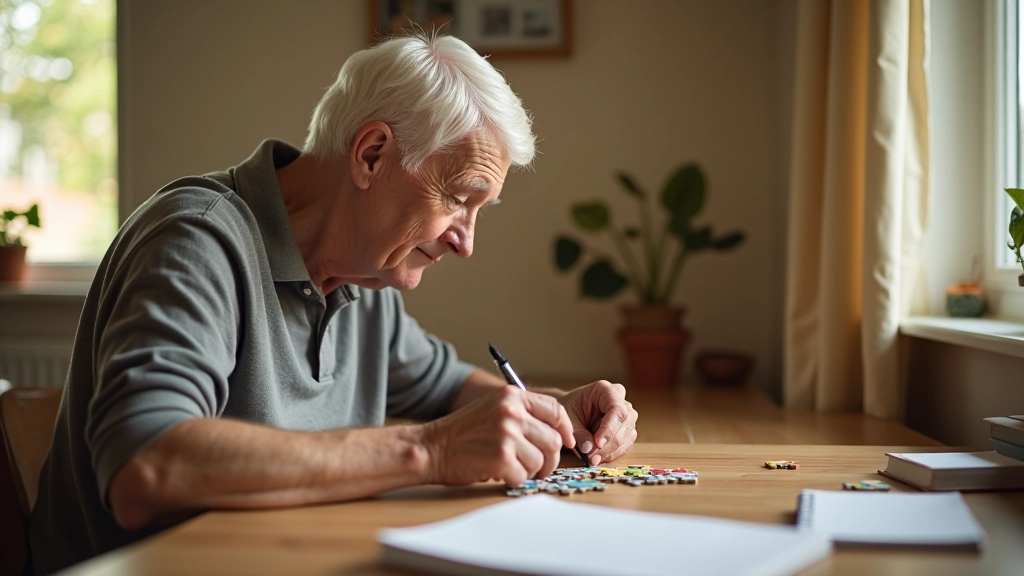 Person aged 60 engaged in mental stimulation activity like puzzle solving or learning