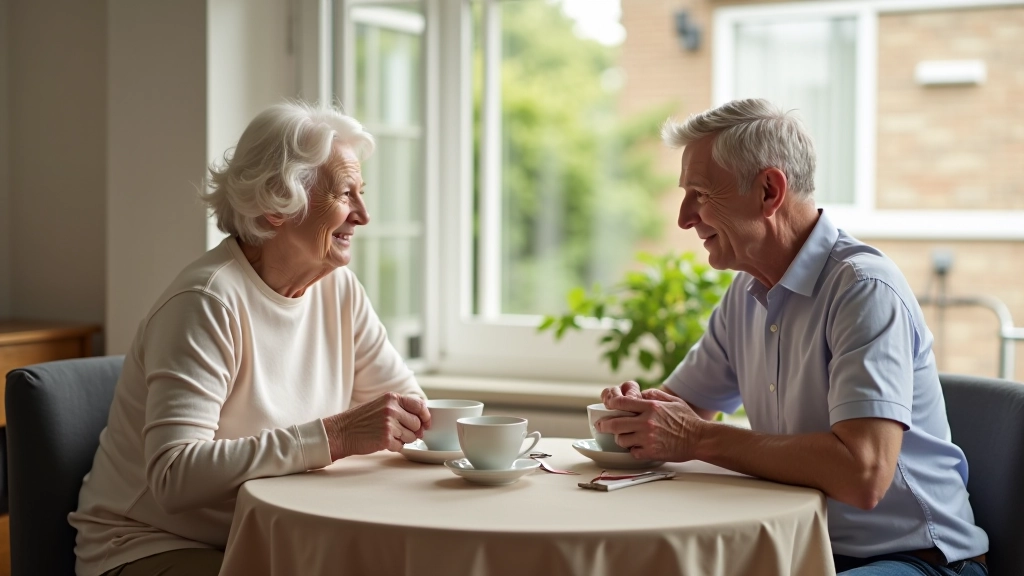 Two people aged 50-60 having supportive conversation representing caregiver networks